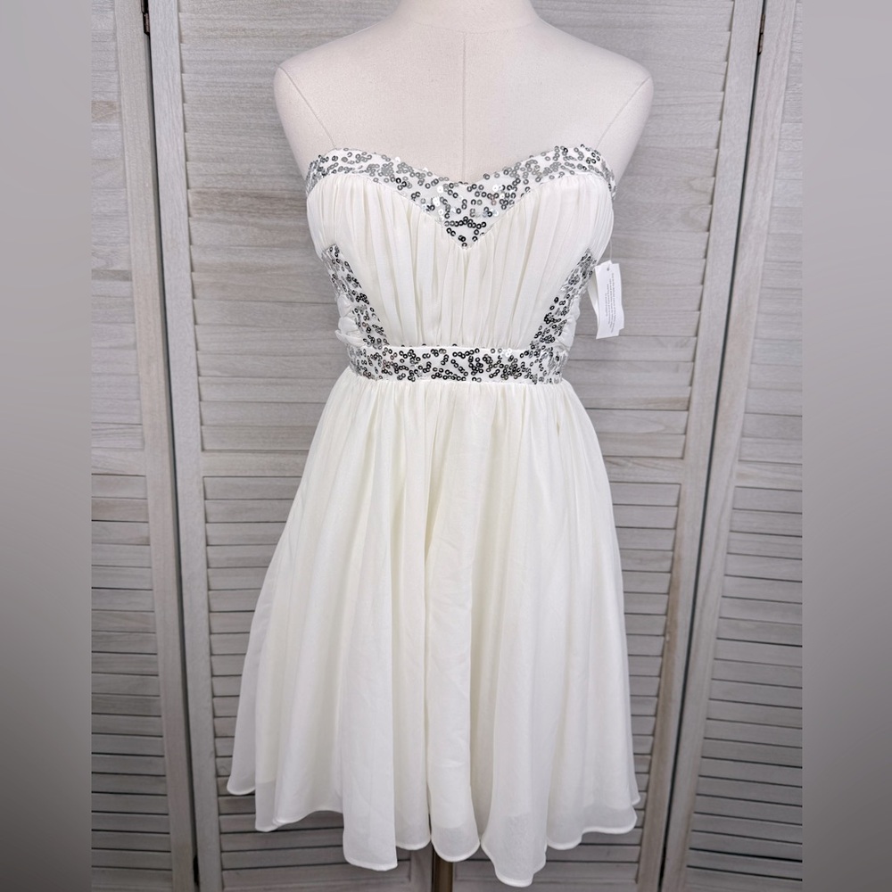 DEB Strapless White Sequined Mini Semi Formal/Prom/Wedding Dress Ivory-7